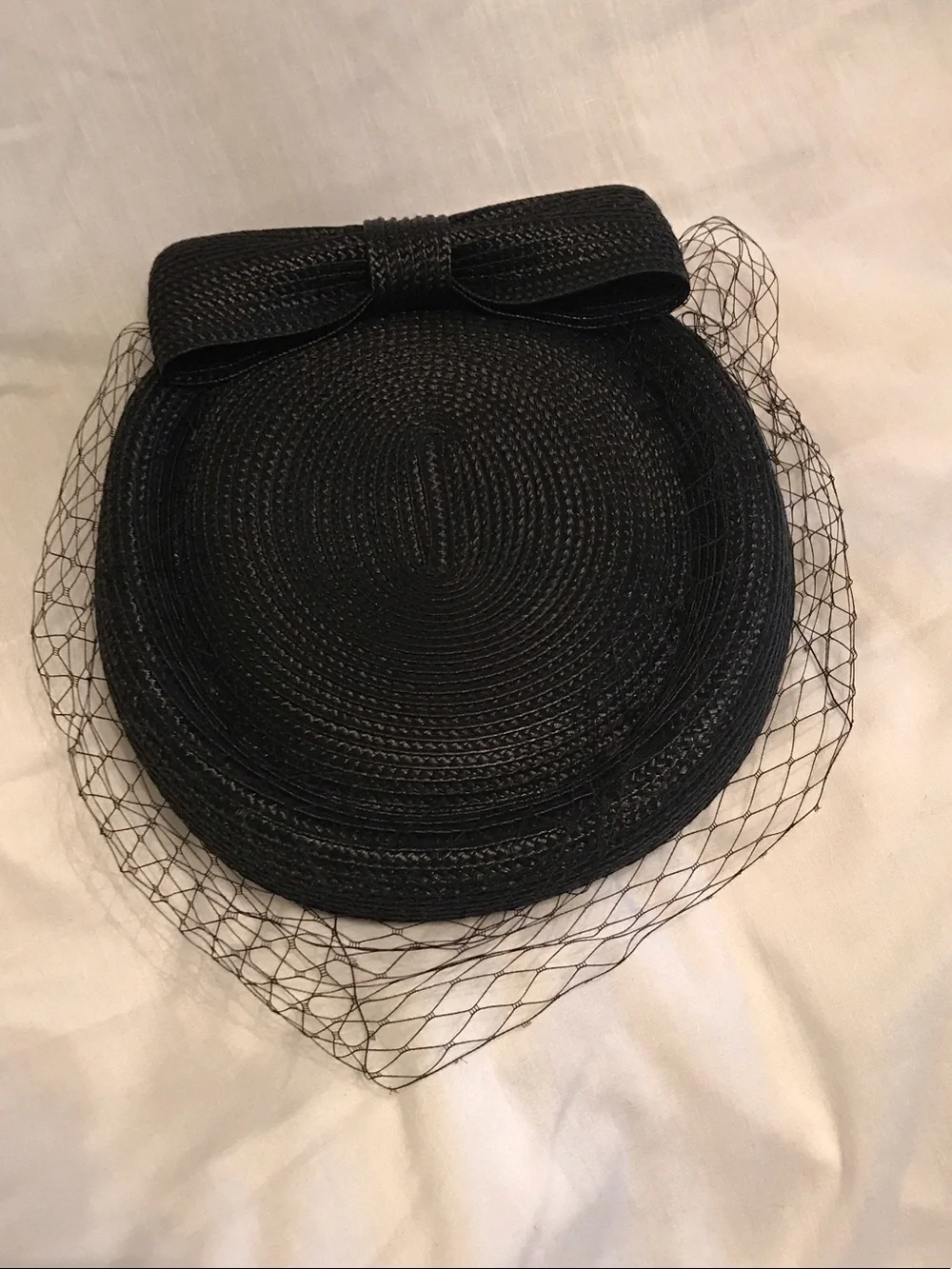 Black Straw Bow Pillbox Hat with Veil - Women Accessories
